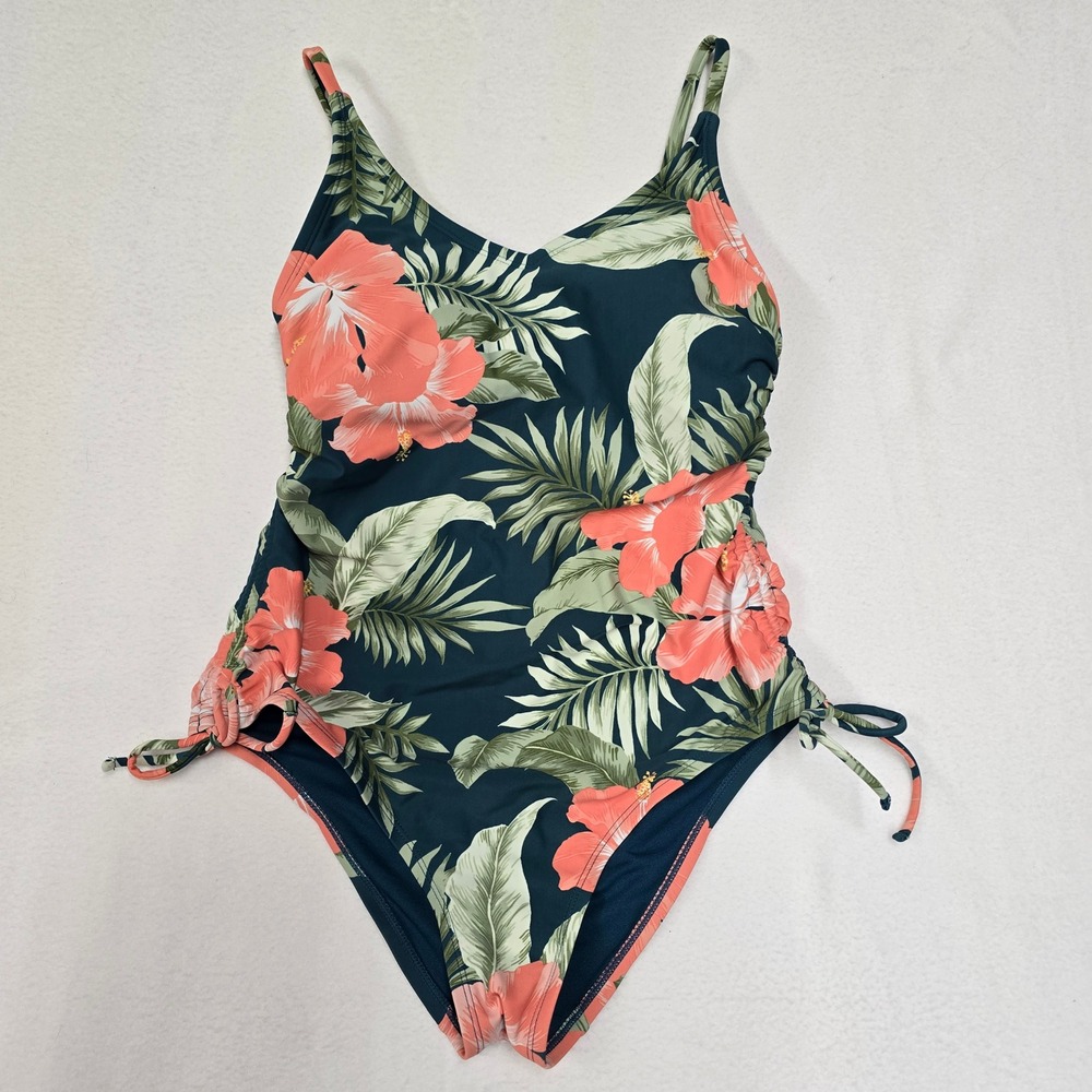 Kona Sol Womens Floral One Piece Swimsuit Teal Hibiscus Tropical Ruched Medium